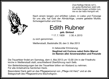 Traueranzeige von Edith Rubner von Frankenpost