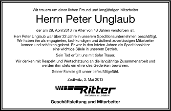 Traueranzeige von Peter Unglaub von Frankenpost