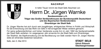Traueranzeige von Jürgen Dr. Warnke von Frankenpost