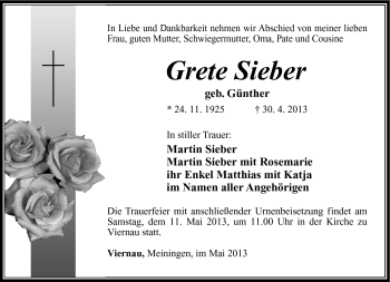 Traueranzeige von Grete Sieber von Südthüringer Presse