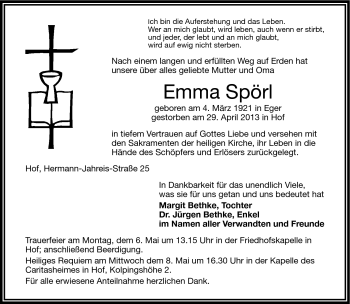 Traueranzeige von Emma Spörl von Frankenpost