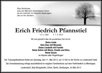 Traueranzeige von Erich Friedrich Pfannstiel von Südthüringer Presse