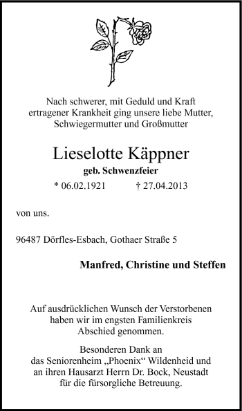 Traueranzeige von Lieselotte Käppner von Neue Presse Coburg