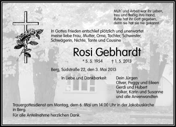Traueranzeige von Rosa Gebhardt von Frankenpost