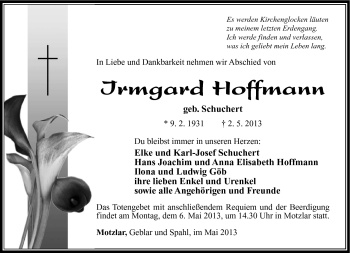 Traueranzeige von Irmgard Hoffmann von Südthüringer Presse
