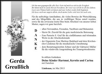 Traueranzeige von Gerda Greußlich von Südthüringer Presse