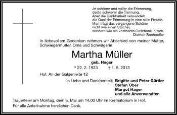Traueranzeige von Martha Müller von Frankenpost