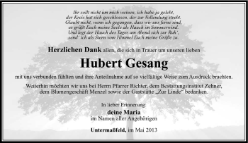 Traueranzeige von Hubert Gesang von Südthüringer Presse