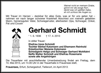 Traueranzeige von Gerhard Schmidt von Südthüringer Presse