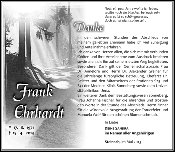 Traueranzeige von Frank Ehrhardt von Südthüringer Presse