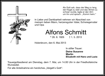 Traueranzeige von Alfons Schmitt von Frankenpost