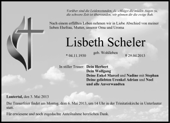 Traueranzeige von Lisbeth Scheler von Neue Presse Coburg