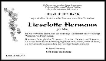 Traueranzeige von Lieselotte Hermann von Südthüringer Presse