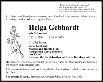 Traueranzeige von Helga Gebhardt von Südthüringer Presse