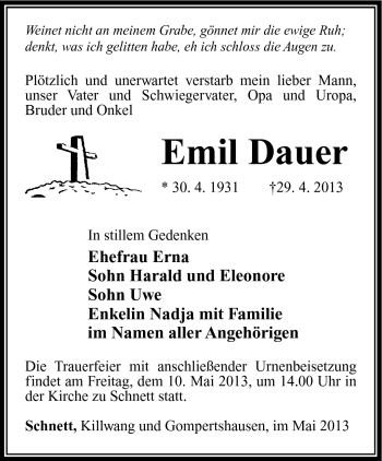 Traueranzeige von Emil Dauer von Südthüringer Presse