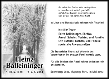 Traueranzeige von Heinz Balleininger von Südthüringer Presse
