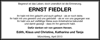 Traueranzeige von Ernst Fiedler von Frankenpost