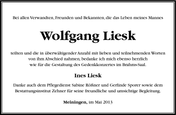 Traueranzeige von Wolfgang Liesk von Südthüringer Presse