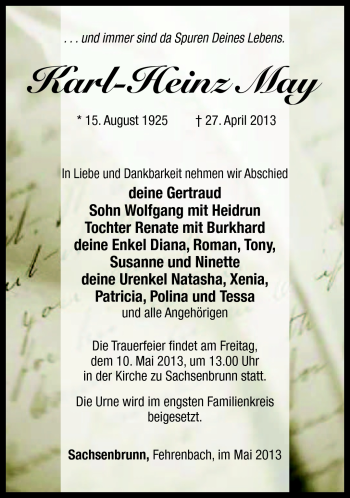 Traueranzeige von Karl-Heinz May von Südthüringer Presse
