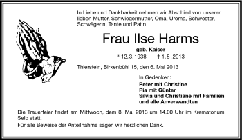 Traueranzeige von Ilse Harms von Frankenpost