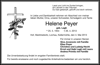 Traueranzeige von Helene Peyer von Frankenpost
