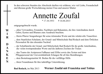 Traueranzeige von Annette Zoufal von Neue Presse Coburg