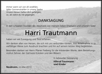 Traueranzeige von Harri Trautmann von Südthüringer Presse