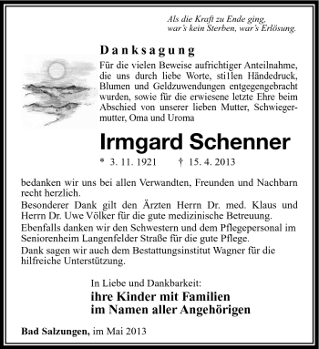 Traueranzeige von irmgard Schenner von Südthüringer Presse