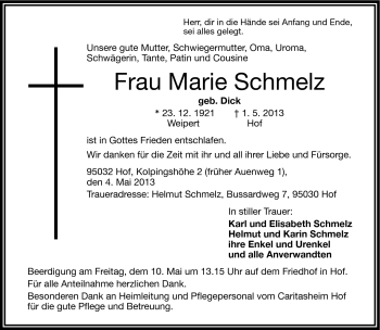 Traueranzeige von Marie Schmelz von Frankenpost