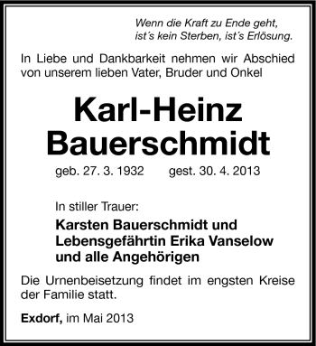 Traueranzeige von Karl-Heinz Bauerschmidt von Südthüringer Presse
