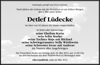 Traueranzeige von Detlef Lüdecke von Südthüringer Presse