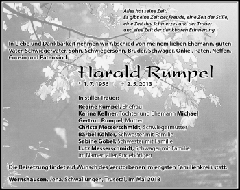 Traueranzeige von Harald Rumpel von Südthüringer Presse