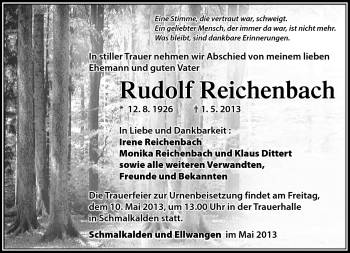 Traueranzeige von Rudolf Reichenbach von Südthüringer Presse