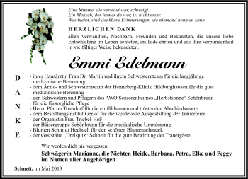 Traueranzeige von Emmi Edelmann von Südthüringer Presse