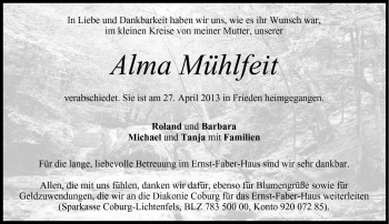 Traueranzeige von Alma Mühlfeit von Neue Presse Coburg