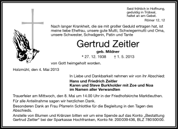 Traueranzeige von Gertrud Zeitler von Frankenpost