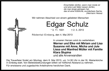 Traueranzeige von Edgar Schulz von Neue Presse Coburg