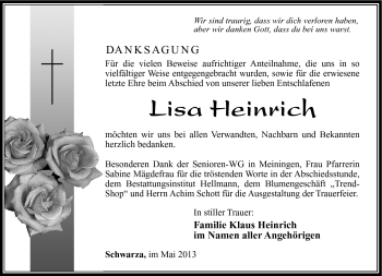Traueranzeige von Lisa Heinrich von Südthüringer Presse