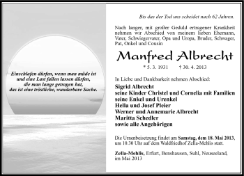 Traueranzeige von Manfred Albrecht von Südthüringer Presse