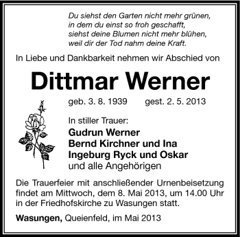 Traueranzeige von Dittmar Werner von Südthüringer Presse