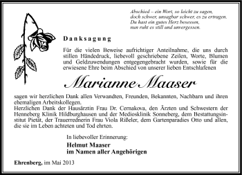 Traueranzeige von Marianne Maaser von Südthüringer Presse