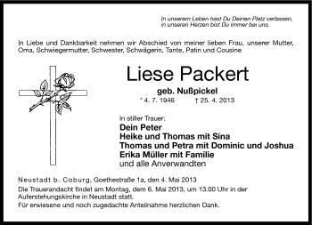 Traueranzeige von Liese Packert von Neue Presse Coburg