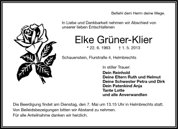 Traueranzeige von Elke Grüner-Klier von Frankenpost