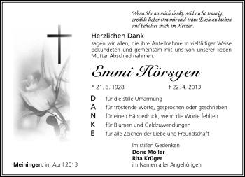 Traueranzeige von Emmi Hörsgen von Südthüringer Presse