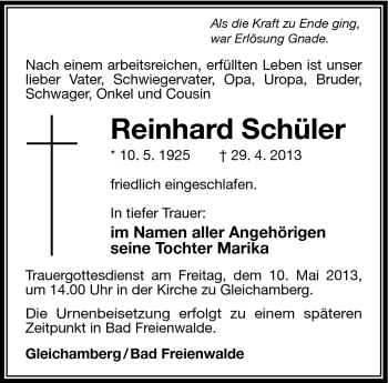 Traueranzeige von Reinhard Schüler von Südthüringer Presse