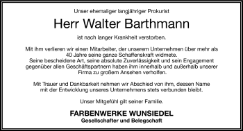 Traueranzeige von Walter Barthmann von Frankenpost
