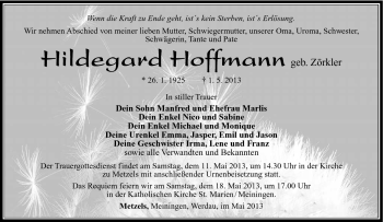 Traueranzeige von Hildegard Hoffmann von Südthüringer Presse