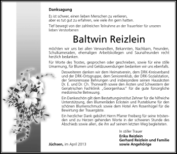 Traueranzeige von Baltwin Reizlein von Südthüringer Presse