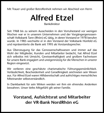Traueranzeige von Alfred Etzel von Südthüringer Presse