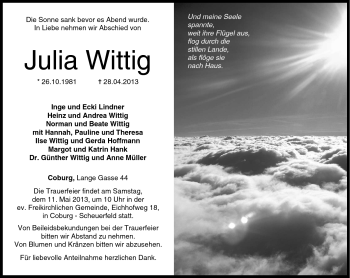 Traueranzeige von Julia Wittig von Neue Presse Coburg